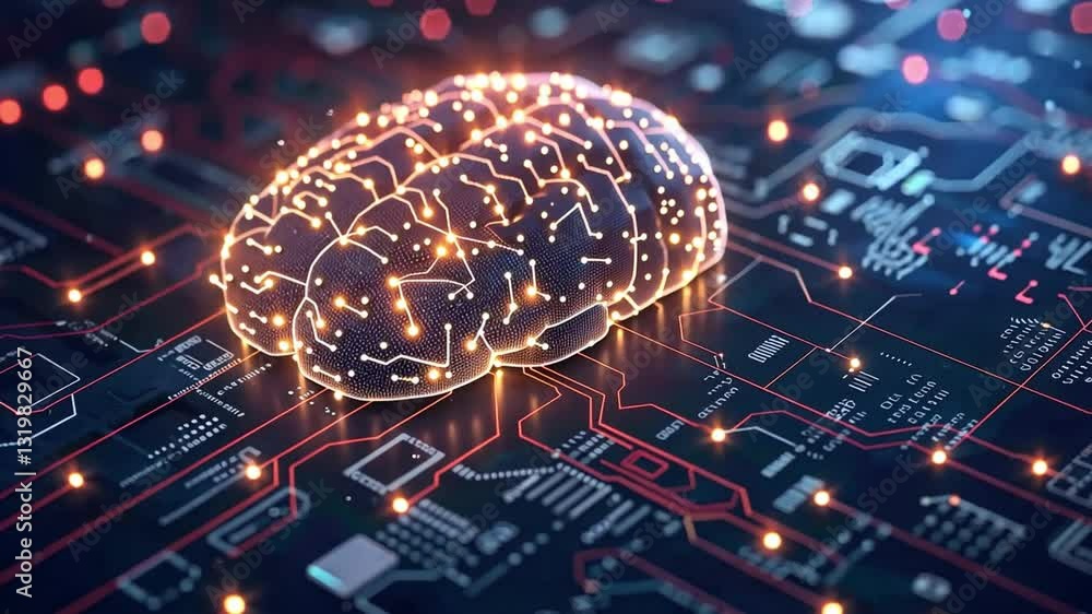 Poster glowing digital brain circuit board symbolizes artificial intelligence and technology integration of