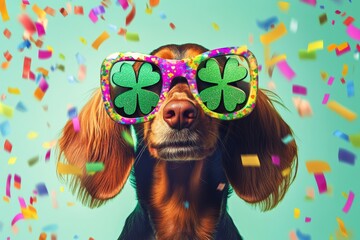 Dachshund with clover sunglasses under colorful confetti