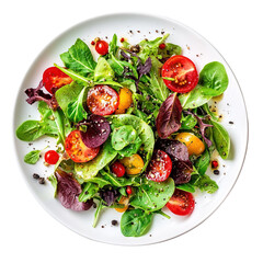 Healthy salad bowl with fresh greens, and various vegies, isolated on white background.
