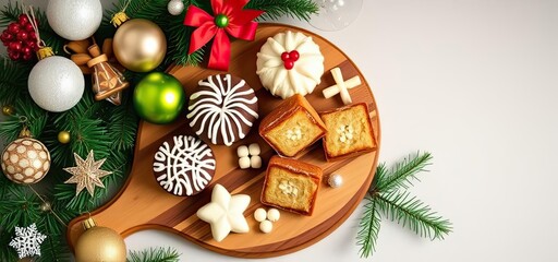 Festive Christmas Treats Ornaments on Wooden Board