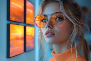 Model with chic sunglasses poses indoors with vibrant art on walls