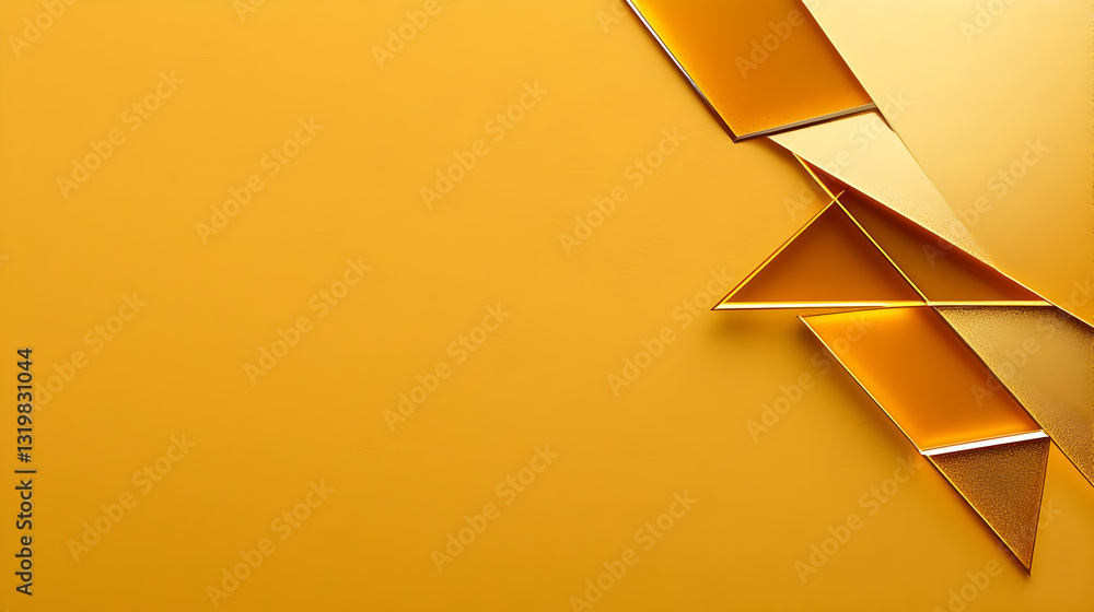 Poster geometric gold triangles arranged against yellow backdrop creating modern abstract design with refle