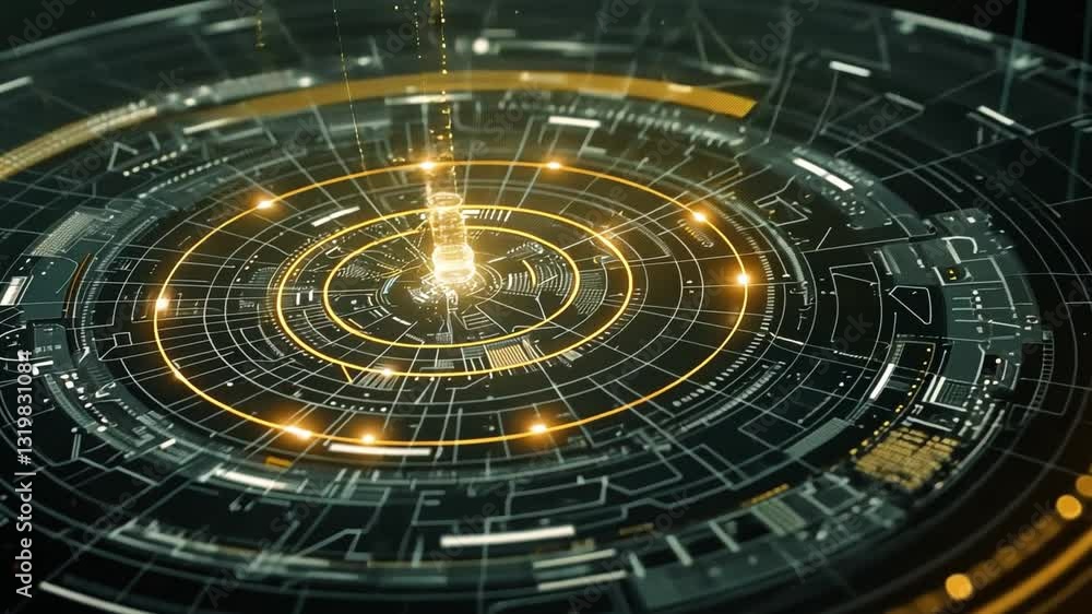 Poster futuristic digital interface with glowing circular patterns and holographic display concentric circl