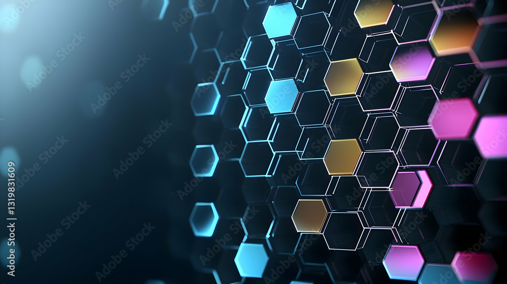 Poster abstract background with glowing blue golden and pink hexagonal grid in dark backdrop