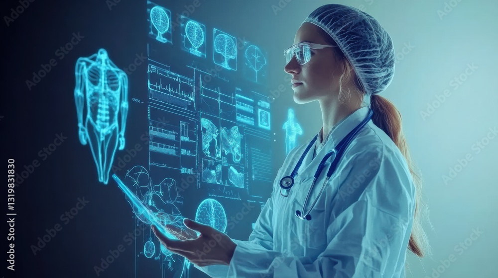 Poster medical professional innovating virtual healthcare with artificial intelligence technology in a futu