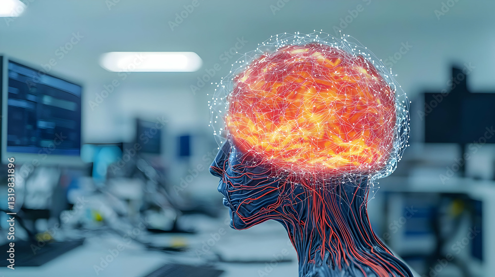 Poster glowing orange ai brain in laboratory setting digital innovation and technological advancement