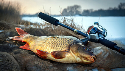 Obraz premium Catching Big Carp on a Chilly Winter Day With Expert Techniques and Equipment
