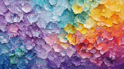 A lively display of abstract art showcases a mix of colorful textures and strokes, blending shades of purple, blue, yellow, and red. The vibrant palette evokes feelings of joy and creativity