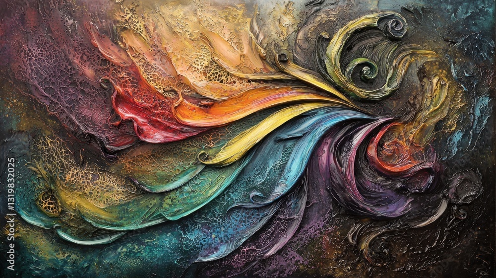 Poster an abstract artwork displays a dynamic swirl of rich colors blending harmoniously with intricate tex