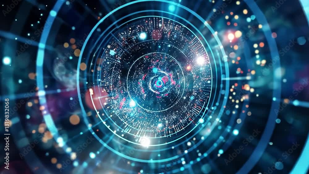 Poster futuristic digital interface glowing circles and particles in vibrant colors evoke advanced technolo