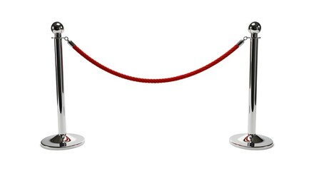 Set of red rope fences with chrome sticks isolated on a white background