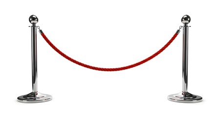 Set of red rope fences with chrome sticks isolated on a white background