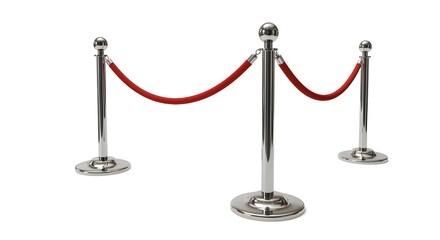 Set of red rope fences with chrome sticks isolated on a white background