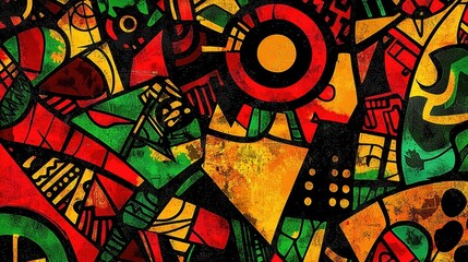 Fototapeta premium This striking mural features a blend of red, yellow, green, and black hues, showcasing intricate geometric patterns that express cultural themes and artistic expression in a lively neighborhood