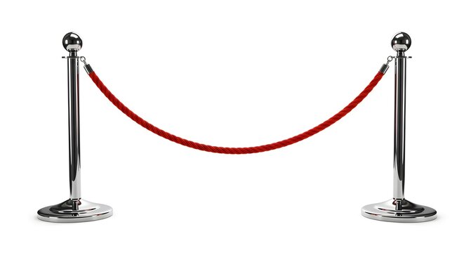 Set of red rope fences with chrome sticks isolated on a white background