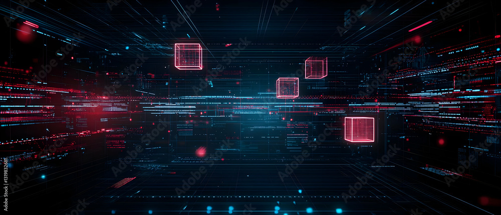 Poster futuristic data stream with glowing red and blue cubes in a dark digital space with fast moving line