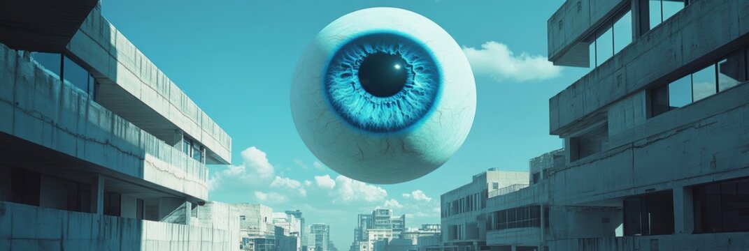 Surreal urban dreamscape featuring a giant blue eye hovering above modern city structures