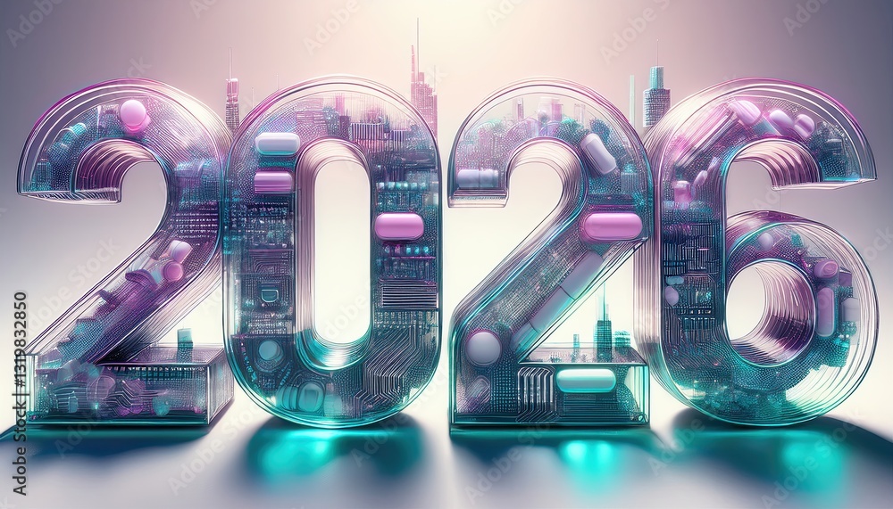 Poster Creative Representation of the Year 2026 Using Three-Dimensional Transparent Numbers Filled With CGI