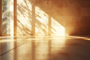 Bright sunlight illuminating rustic home textures with soft shadows, warm interior setting in the afternoon. Sunlight filters through a large window, warm toned walls and polished wooden flooring