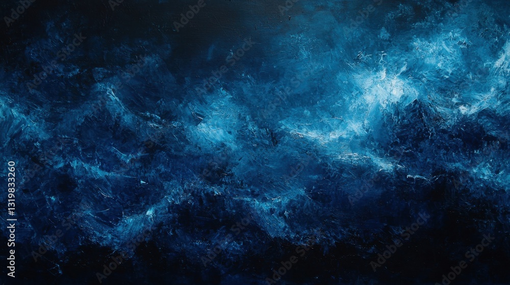 Poster dynamic shades of blue create an abstract ocean with crashing waves, swirling patterns, and a sense 