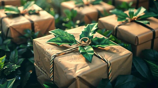 Golden Gift Boxes with Holly Leaves and Ribbons Create Festive Holiday Atmosphere, Evoking Celebration and Joy with Elegant Wrapping and Natural Decorations Among Lush Green Foliage