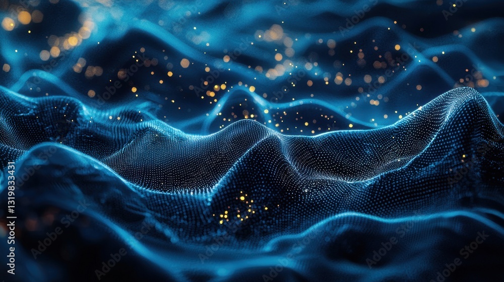 Fototapete A vast expanse of digital waves undulates in a dark environment, illuminated by scattered golden particles that give a sense of depth and movement