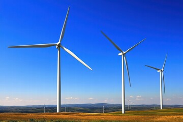 Wind turbines soar against a clear, bright blue sky with distant hills in the background