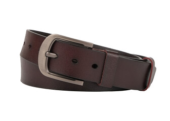 Elegant Brown Leather Men's Belt with Metal Buckle on Transparent Background