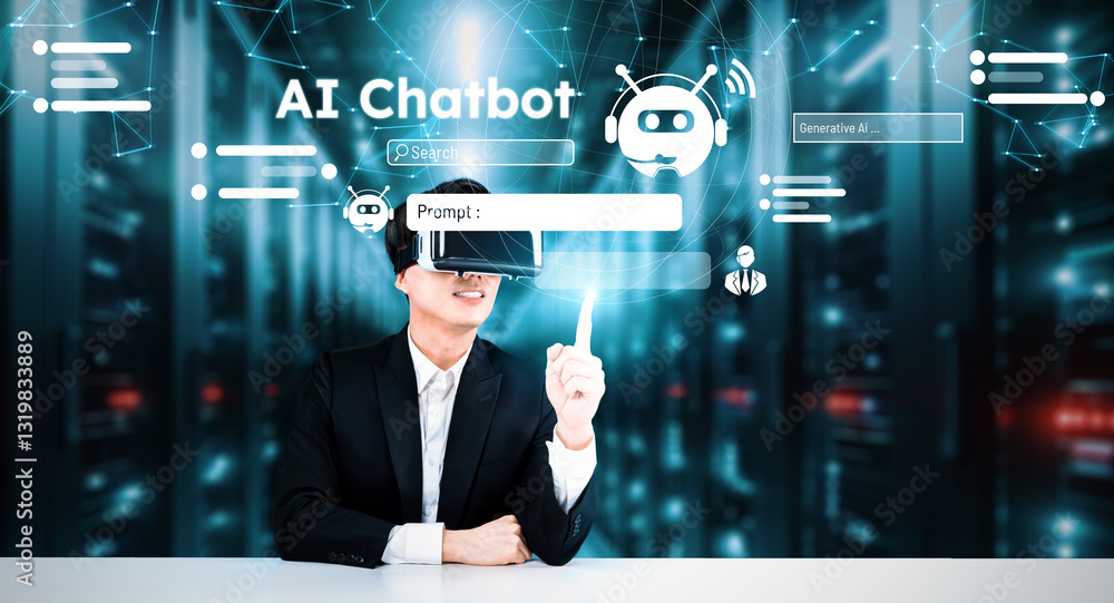 Poster business man with goggles working while using ai technology. project manager with formal suit checki