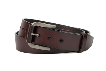 Elegant Brown Leather Men's Belt with Metal Buckle on Transparent Background