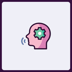 Head with gear icon representing thoughts and speaking, idea concept