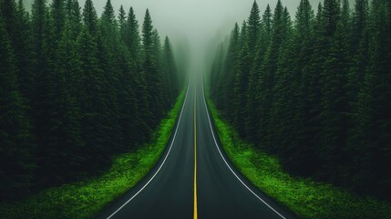 Fototapeta premium Misty Forest Road: A Journey Through Emerald Green