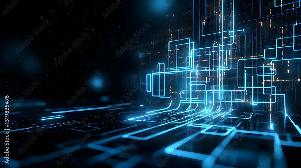 Poster futuristic blue digital network with glowing lines and grid pattern on dark background in abstract c