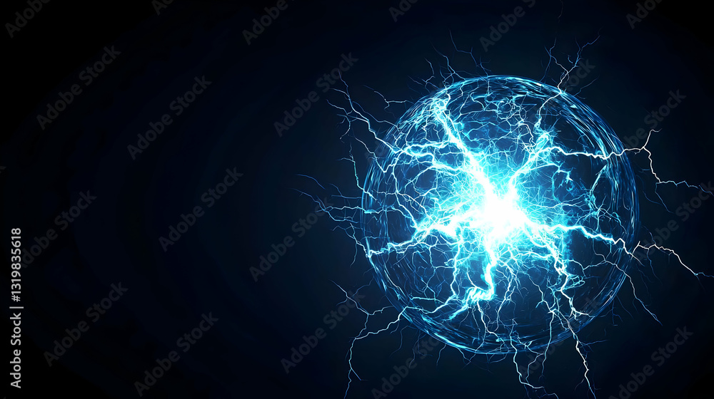 Poster abstract blue glowing sphere with dynamic digital particles and light sparks on a dark background