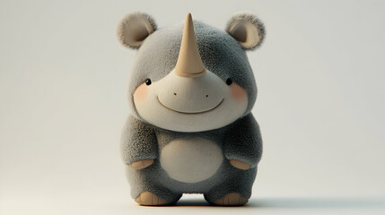Cute Fluffy Rhino Plush Animal Toy with White Horn and Smiling Face in Soft Light on Plain Background