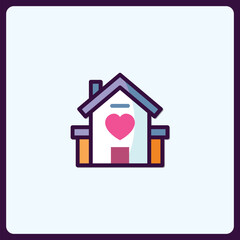 Whimsical home icon with heart, representing family love and security