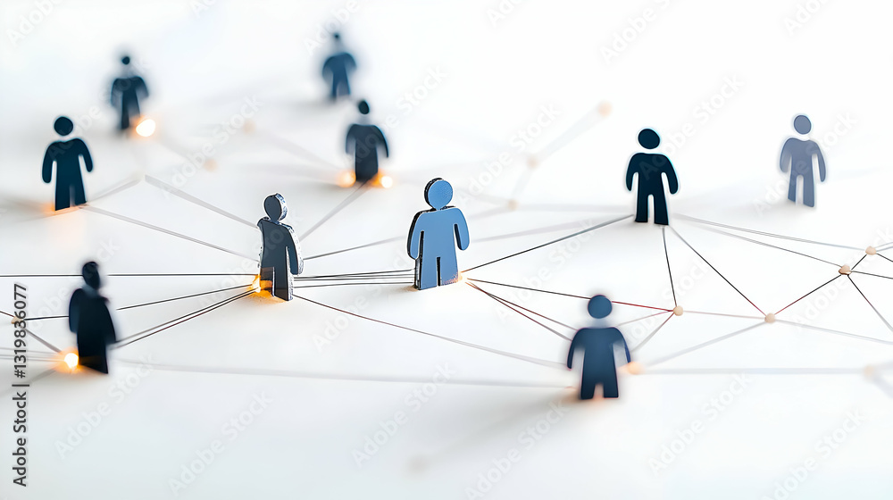 Poster connected human figures representing networking on white surface with lighted points and lines
