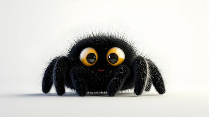 Fototapeta premium Cute Furry Black Spider with Large Yellow Eyes Isolated on White Background