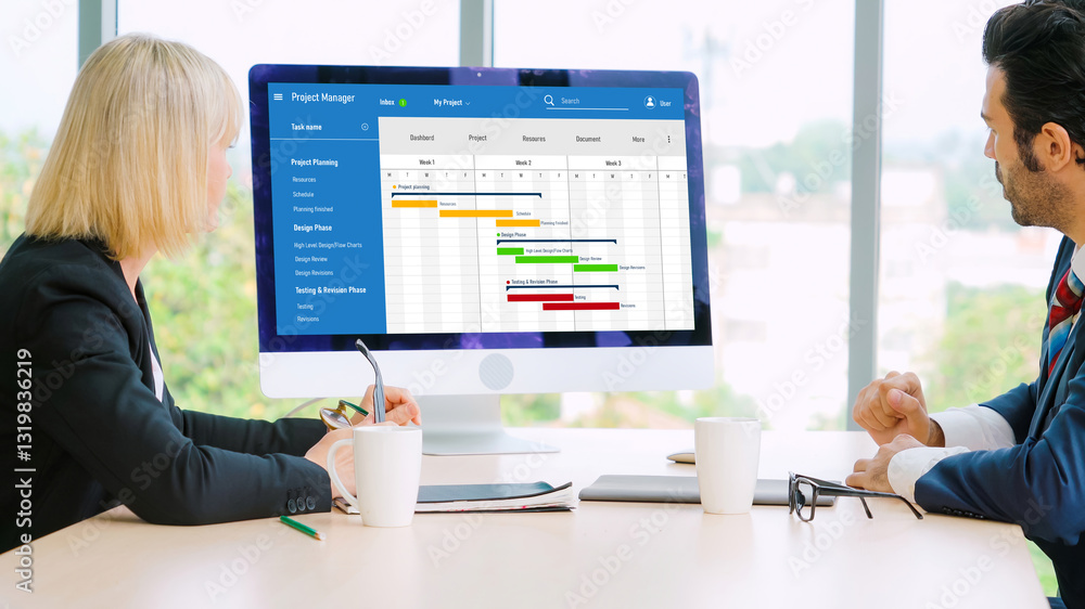 Poster project planning software for modish business project management on the computer screen showing time