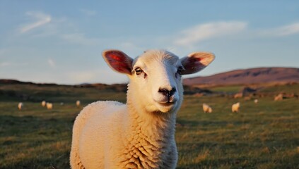 Fototapeta premium A young sheep with thick cream-colored wool stands in a close-up portrait, displaying prominent pink-tinted ears and a characteristically gentle facial expression
