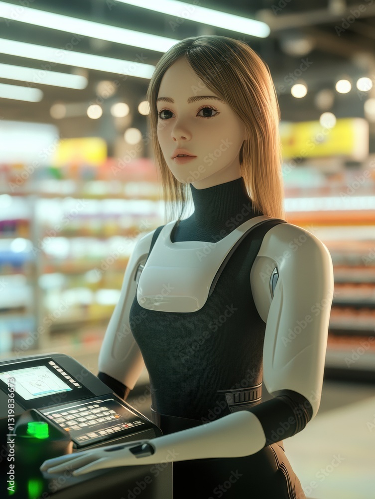 Aufkleber smart cashier automates checkout process in a modern supermarket with space for advertising on the r