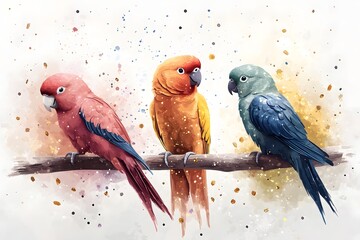 Naklejka premium Colorful parrots perched on a branch in a vibrant and artistic illustration