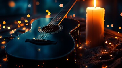 A black acoustic guitar glows softly in candlelight.  Sparks fly, reflecting on its polished surface.
 