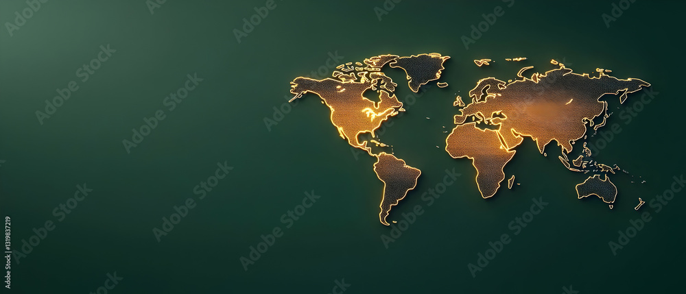 Poster illuminated golden world map on dark green background with subtle light from above highlighting the 