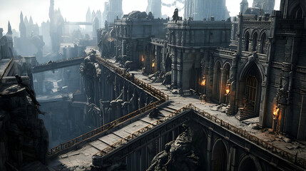 Fototapeta premium Elevated Cityscape View With Stone Buildings And Bridges With Large Crowd Of People Walking in a Bright Day