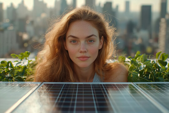 Redhead woman smiling on a rooftop with solar panels and a city view in the background. Sustainable lifestyle and renewable energy concept.