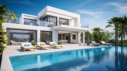 A photo of a luxury villa with a swimming pool