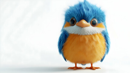Fototapeta premium Detailed Image of a Fluffy Blue and Orange Bird on a White Background with Soft Lighting