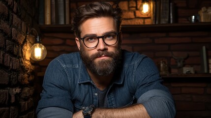 Obraz premium A stylish man with a beard and glasses poses thoughtfully in a cozy, rustic setting illuminated by warm lights, This image can be used for articles about fashion, lifestyle, or personal stories,