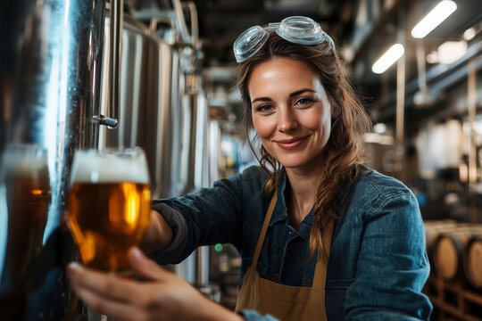 Portrait of a smiling female brewer in a brewery, holding a glass of beer. Craft beer production, industry, business, and employment concept.